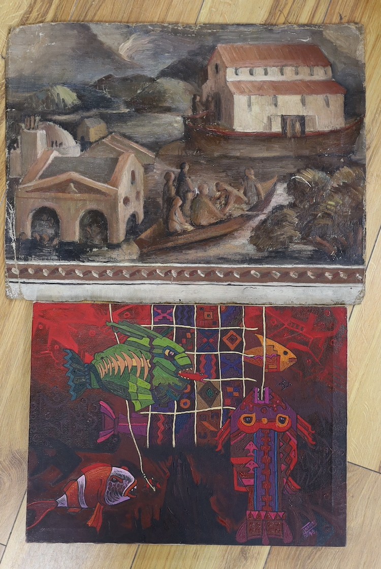 Gorget Chirino, oil on canvas, Exotic fish, signed and dated '98, 30 x 40cm, unframed and an unstretched oil on canvas of Noah entering the ark, by another hand, 37 x 47cm